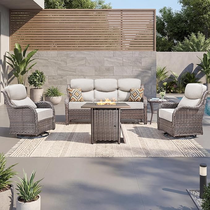 Luxury Patio Furniture Set with 6-inch Thick Cushion, Outdoor Furniture with Fire Pit Table, Swivel Chairs, Side Table - Photo 6