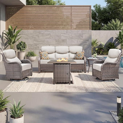 Luxury Patio Furniture Set with 6-inch Thick Cushion, Outdoor Furniture with Fire Pit Table, Swivel Chairs, Side Table, Sofa, 5pcs Wicker Conversation Set for Deck Yard and Poolside(Beige)