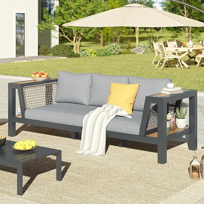 Outdoor Aluminum Patio Sofa, Modern 3-Seater Tool-Free Assembly Couch with Side Table Armrest, Deep Seating with Thick Cushions, Weatherproof Backyard Furniture for Porch, Balcony, Deck