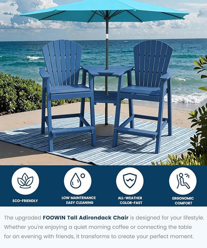FOOWIN Tall Adirondack Chair Set of 4, All Weather HDPE Bar Height Adirondack Chair with Double Connecting Trays, Adirondack Barstools for Balcony, Deck, Backyard, Patio, Garden Navy Blue