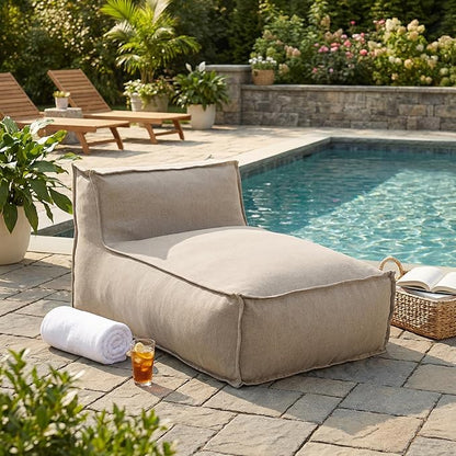 Merax Outdoor Bean Bag Lounge Chairs, 61" Outdoor Chaise Lounger Chair with Foam Filled, Cozy Outdoor Bean Bag Couch for Patio Pool Desk, Water-Resistant Fabric Sun Lounger Chair, Beige