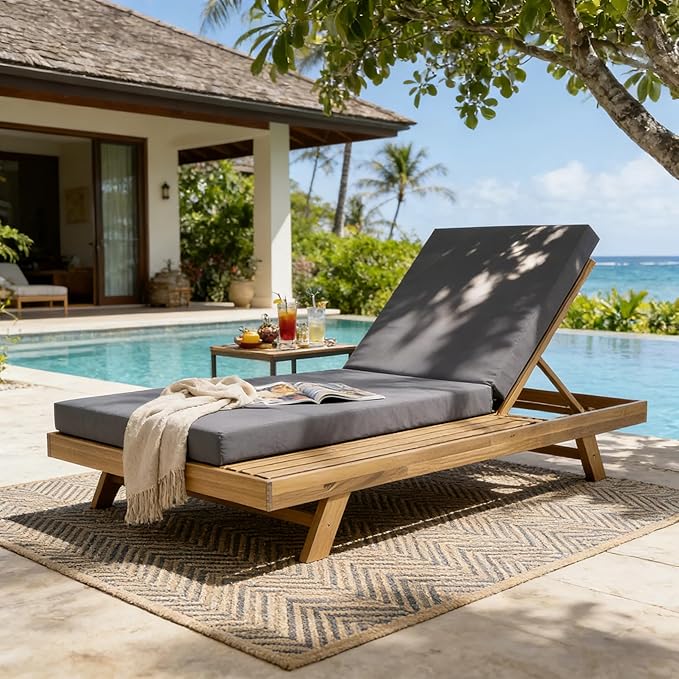espidoo Adjustable Outdoor Chaise Lounge: 4-Position Reclining Chaise with Breathable Slats - Acacia Wood Frame & 4" - Photo 1