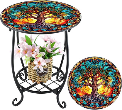 Outdoor Side Table Round Small Mosaic Patio Accent Indoor End Plant Coffee Tea Table for Yard Patio Porch Garden Living Room, Bedroom(Tree Style,14 Inch)