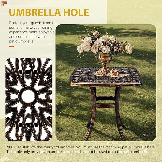 Outvita Patio Side Table, 21.3in Outdoor Square Cast Aluminum Bistro Table with Umbrella Hole and Antique Design for - Photo 4
