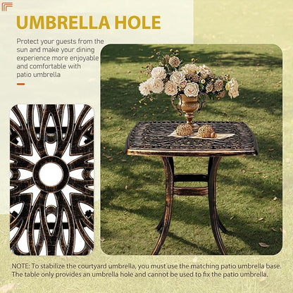 Outvita Patio Side Table, 21.3in Outdoor Square Cast Aluminum Bistro Table with Umbrella Hole and Antique Design for Backyard Porch Pool Balcony Deck Bronze
