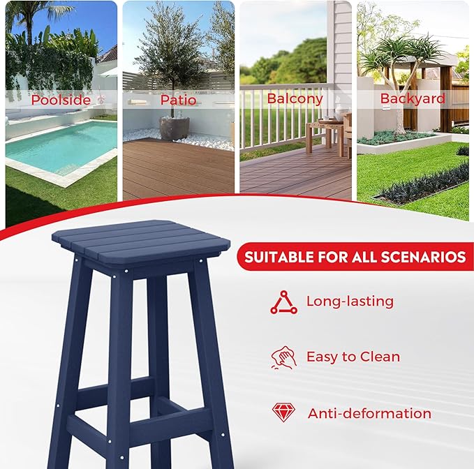 Costaelm 29" Height Outdoor Bar Stools, All-Weather Bar Stools, Adirondack Poly Patio Square Bar Stool for Patio, Deck, Kitchen Counter and Garden, Navy Blue