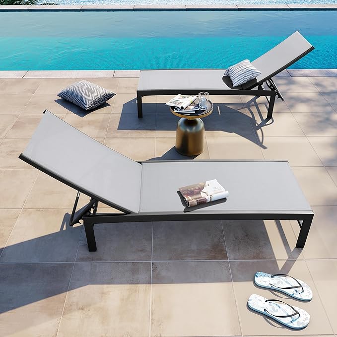 Crestlive Products Aluminum Adjustable Chaise Lounge Chair Outdoor Five-Position Recliner, Curved Design, All Weather for Patio, Beach, Yard, Pool (2 PCS Light Gray)