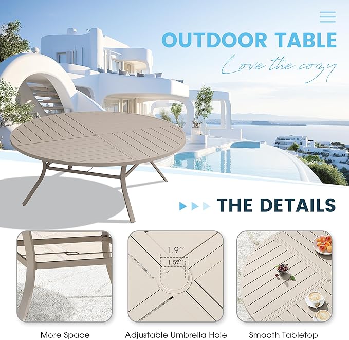 Patio Dining Table for 8-10, Round Metal Outdoor Table with Storage Shelf, 1.57" Umbrella Hole, 63" Outdoor Quartered Tabletop Dining Table for Backyard, Porch, Lawn, Sand