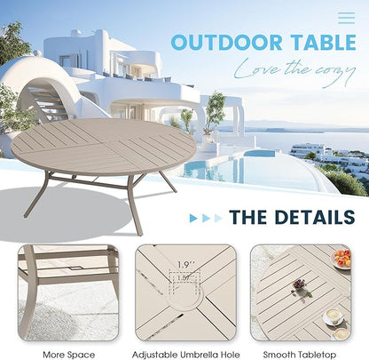 Patio Dining Table for 8-10, Round Metal Outdoor Table with Storage Shelf, 1.57" Umbrella Hole, 63" Outdoor Quartered Tabletop Dining Table for Backyard, Porch, Lawn, Sand