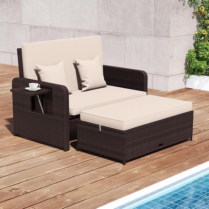 Nightcore Wicker Patio Outdoor Daybed, Outdoor Chaise Lounger w/ 4-Level Adjustable Backrest, Retractable Side Trays - Photo 3