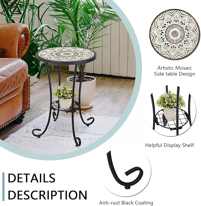 VCUTEKA Outdoor Side Table Mosaic Patio Table Accent Tables Mosaic Tile Top Metal Frame Small End Tables Porch Beach Patio Garden Balcony Brown 14''