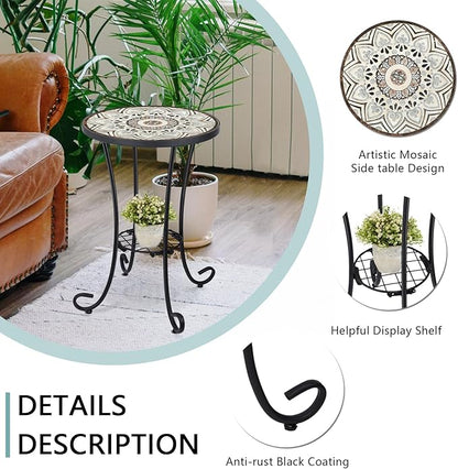 VCUTEKA Outdoor Side Table Mosaic Patio Table Accent Tables Mosaic Tile Top Metal Frame Small End Tables Porch Beach Patio Garden Balcony Brown 14''