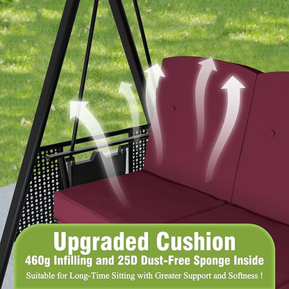 MUPATER Patio Porch Swing Chair with Canopy, 3-Person Outdoor Canopy Swing Glider with Stand, Cushions and Side Table for Outside, 2-in-1 Swing Chair Bench with Cushion for Backyard,Wine Red