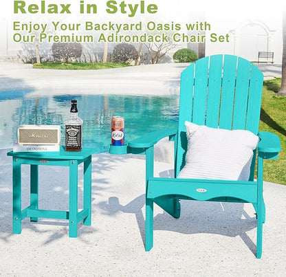 Y&M Adirondack Chair Set of 2, Aruba Blue Fire Pit Chairs, Outdoor Patio Chairs with Cup Holder, Weather Resistant HDPE Wooden Textured Patio Chairs, Perfect for Garden, Lawn, Deck, or Poolside