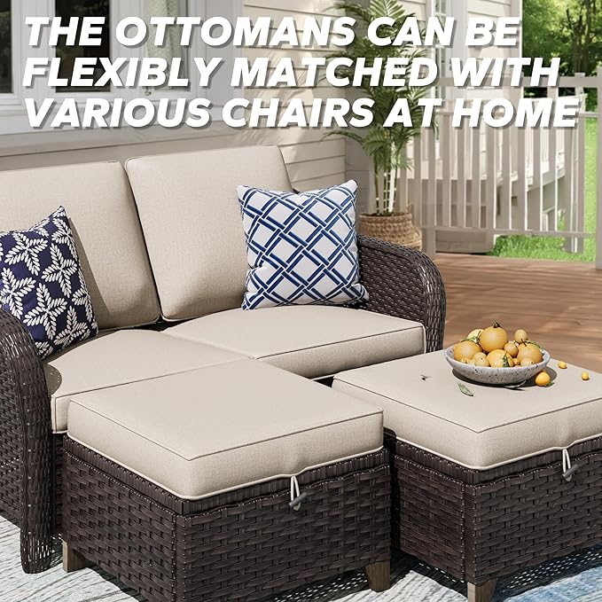 2 Pieces Patio All-Weather Wicker Ottomans with Cushions, PE Rattan Outdoor Conversation Furniture Set for Backyard - Photo 5