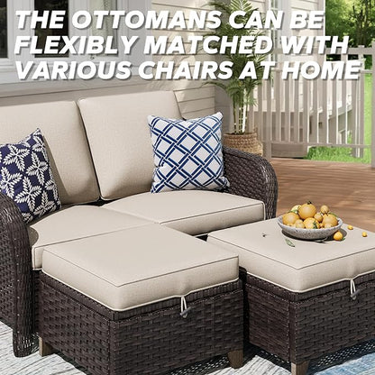 3 Pieces Patio sectional Sofa Set, Outdoor Conversation Furniture Set, 55" Patio Couch with 2 Ottomans, Rattan Wicker Sofa with Removable Cushions for Bistro, Deck (Beige)
