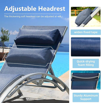 Domi Pool Lounge Chairs Set of 2, Aluminum Adjustable Outdoor Chaise Lounge, All Weather Poolside Chairs for Deck Lawn Poolside, Textilene (Navy Blue)