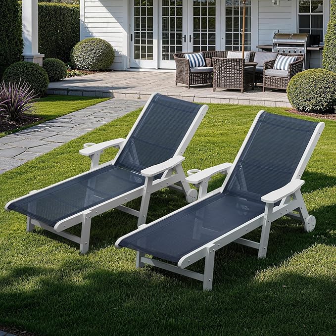 Outdoor Chaise Lounge Chair with Table Set of 3, 5-Position Adjustable Pool Lounge Chair with Wheels & Cup Holder - Photo 8