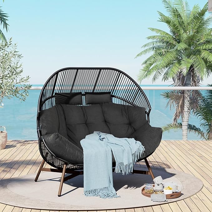 Grand patio Outdoor Modern 2-Seat Wicker Egg Chair with Cushion, Stationary Patio Loveseat Accent Chair, Grey