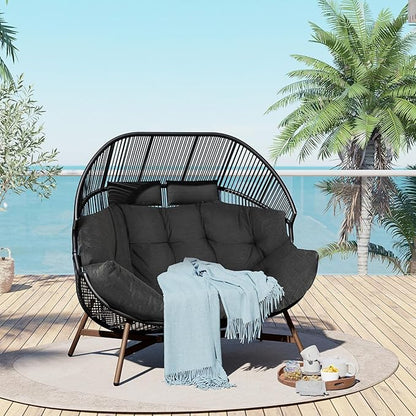 Grand patio Outdoor Modern 2-Seat Wicker Egg Chair with Cushion, Stationary Patio Loveseat Accent Chair, Grey
