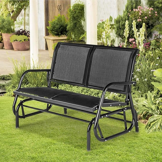 Esright Outdoor Glider Bench for 2 Person Outside Patio Gliders Loveseat Porch Glider Swing with Powder Coated Steel Frame for Backyard, Garden, Balcony (Black)
