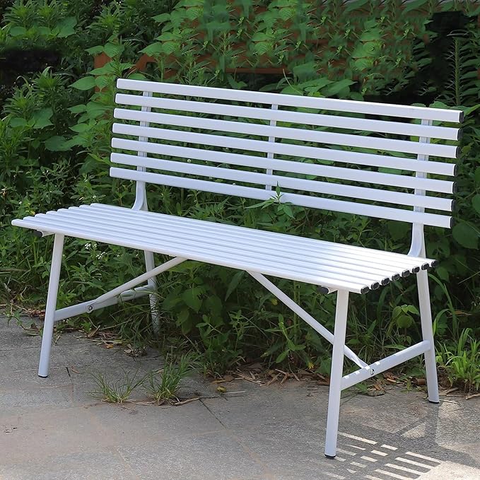 Outdoor Metal Patio Bench, 2-Person Garden Seating, Slatted Design, All-Weather Powder-Coated, Heavy-Duty 660lbs Capacity for Porch, Backyard, Park (White)