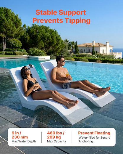 VEVOR Pool Lounge Chairs, Set of 2 Chaise Lounger, Water Weighted in-Pool Lounger Chairs for up to 9" Water Depths, Anti-Floating Patio Furniture with Cup Phone Holders for Sun Shelf & Tanning Ledge