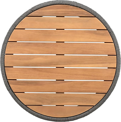 26" Outdoor Rustic Coffee Table,Rattan Rope & Acacia Wood Center Table with Round Top & Iron Frame, Easy Assembly, Versatile Weather-Resistant Patio Furniture for Garden, Yard, Balcony, Gray Teak