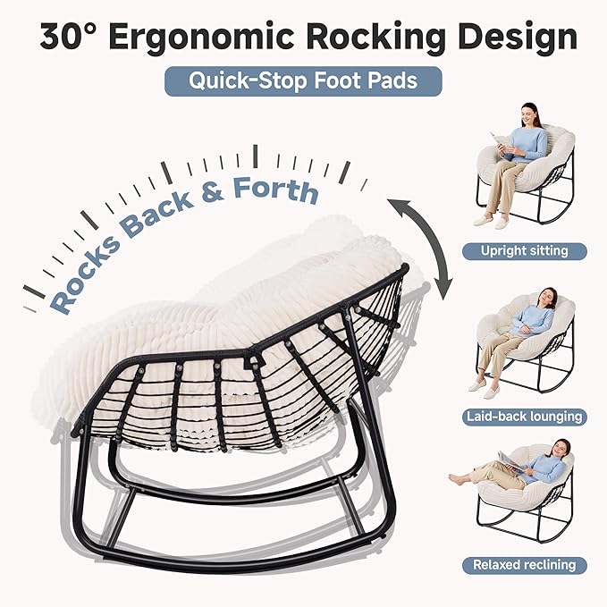 Indoor Rocking Chair, Oversized Outdoor Lounge Chair with Thick Corduroy Cushion & Straps, Wicker Modern Comfy Rocker Egg Chair for Living Room, Bedroom, Porch and Courtyard, Beige