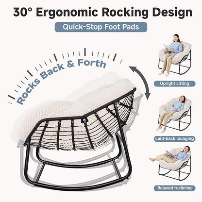 Indoor Rocking Chair, Oversized Outdoor Lounge Chair with Thick Corduroy Cushion & Straps, Wicker Modern Comfy Rocker Egg Chair for Living Room, Bedroom, Porch and Courtyard, Beige