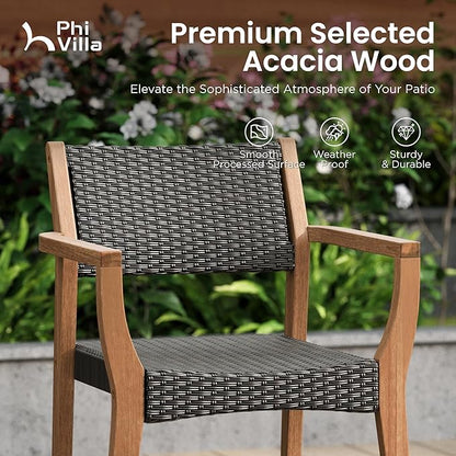 PHI VILLA Outdoor Acacia Wood Chairs Set of 4, Heavy-Duty Dining Armchairs with Wicker Back & Seat, Farmhouse Style Teak Seating Furniture for Patio, Deck, Yard, Balcony, Garden
