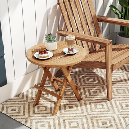 Tangkula Patio Folding Side Table, Teak Wood Round Coffee Table w/X-Shaped Legs & Slatted Tabletop, Portable & Compact Outdoor End Table for Backyard, Deck, Lawn
