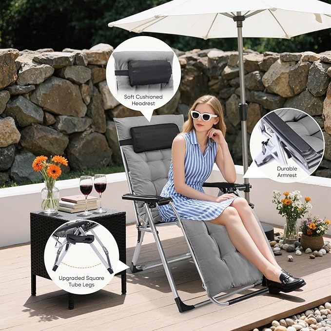 DUMOS Set of 4 Zero Gravity Chair, Reclining Camping Lounge Chair for Outdoor, Reclining Patio Chairs with Cup Holder Trays and Removable Cushion, Folding Recliner for Indoor, Grey