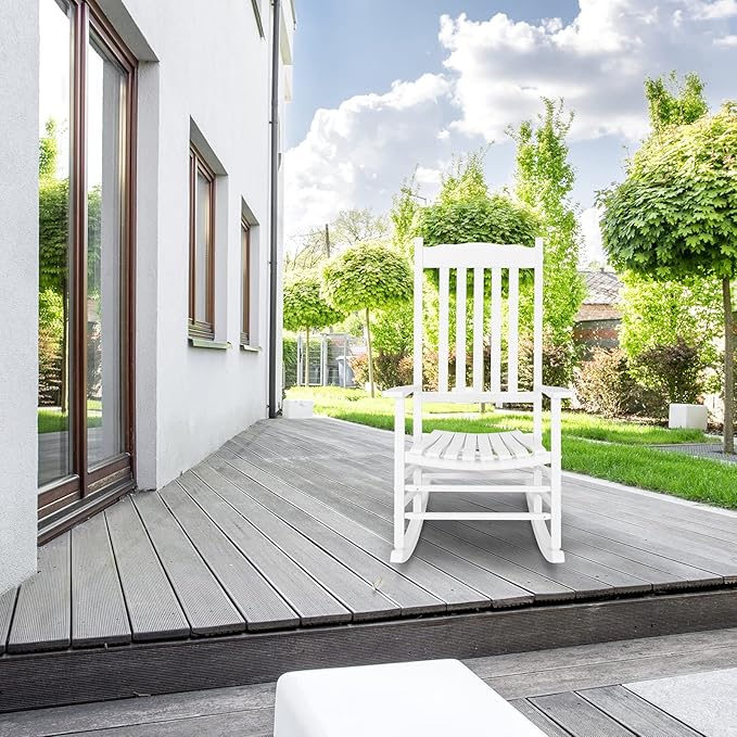 Outdoor Porch Rocker Chairs,Weather Resistant Wood Rocking Chair for Adults,Modern Rocking Accent Chairs,Indoor Outside Furniture Rocker,with Armrest,for Garden Lawn Backyard Poolside Deck (White)