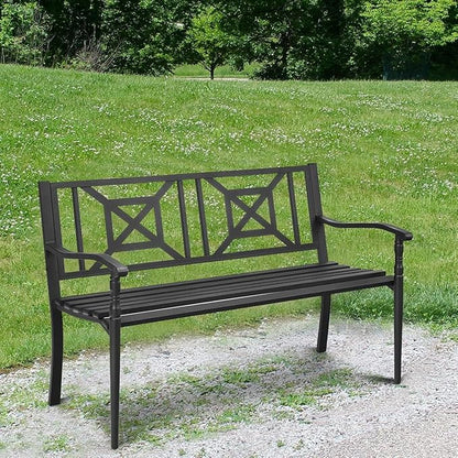 Tangkula 51" Metal Outdoor Park Bench, Slatted Garden Bench for 2-3 People, Patio Park-Style Loveseat with Curved Armrests, Heavy-Duty Outdoor Seating for Backyard, Lawn, Porch