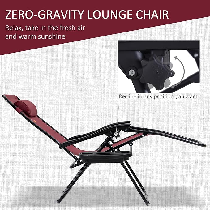 Outsunny Zero Gravity Chair Set with Side Table, Folding Reclining Chair with Cupholders & Pillows, Adjustable Lounge Chairs for Pool, Backyard, Lawn, Beach, Wine Red