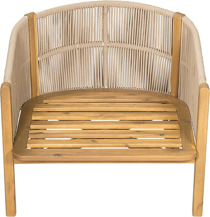 Christopher Knight Home Grotta Acacia Wood Patio Accent Chair Set of 2, Wooden Lounge Chair Outdoor, Outdoor Barrel Chair with Rope Weave+Removable Cushion, Curved Backrest Lounge Sofa, Beige+Teak