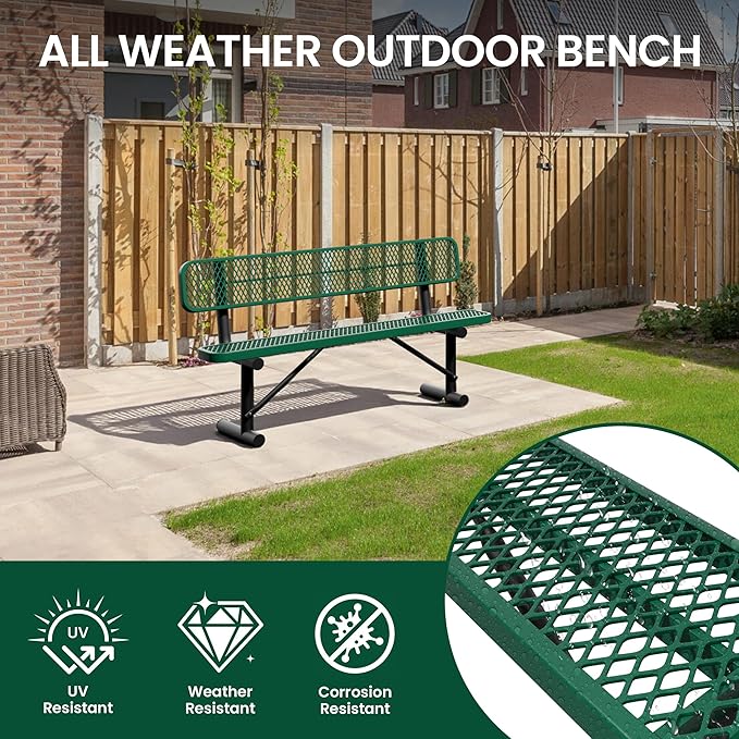 6 Feet Steel Park Bench for Outside, Outdoor Bench with Backrest & Portable Frame, Commercial Benches for Shopping Malls, Stores, Parks, Patios, Decks, Green
