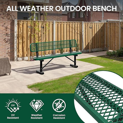 6 Feet Steel Park Bench for Outside, Outdoor Bench with Backrest & Portable Frame, Commercial Benches for Shopping Malls, Stores, Parks, Patios, Decks, Green