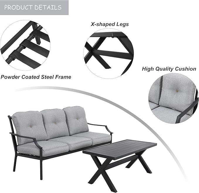 LOKATSE HOME Outdoor Patio Cushioned Loveseat 3 Seats Sofa Bench with Metal Coffee Table, Grey