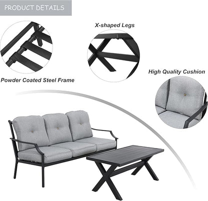LOKATSE HOME Outdoor Patio Cushioned Loveseat 3 Seats Sofa Bench with Metal Coffee Table, Grey
