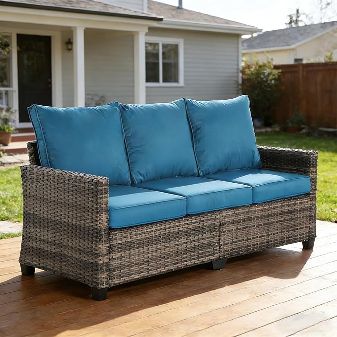 All Weather Patio Couch, 3 Seat Outdoor Couch with High Curved Back and Peacock Blue Thick Cushions - Photo 7