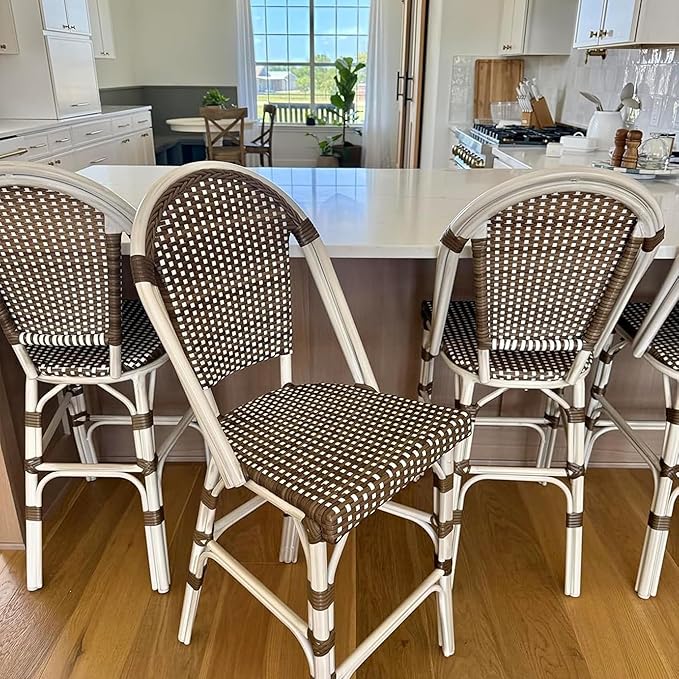 PURPLE LEAF French Counter Height Bar Stool Set of 2 25" White Print Finish Patio Bar Chairs with Back Rattan Bar Chairs French Bistro Set for Kitchen Outdoor Counter Stool Brown