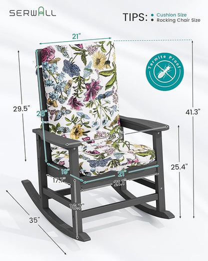 SERWALL SEWALL Oversized Outdoor Rocking Chair with Cushion, Patio Rocking Chairs for Porch, Gray HDPR Rocker+Flower Cushion