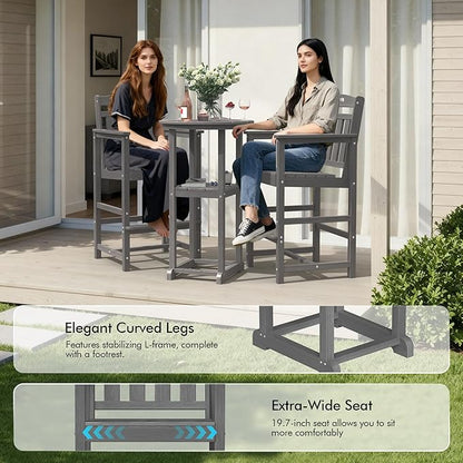 Ciokea 3-Pcs Bistro Table and Chairs, All-Weather Round High Top Bar Table with Storage Shelf and 2 Oversized Adirondack Chairs, Heavy Duty Outdoor Bar Set Patio Bistro Set for Balcony Deck, Grey