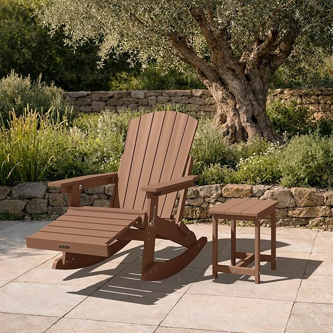 Adirondack Rocking Chair with Retractable Ottoman Set of 4, 4-in-1 Foldable Reclining Patio Chair, HDPE Wood-Look Outdoor Rocker for Porch, Garden & Poolside, Teak