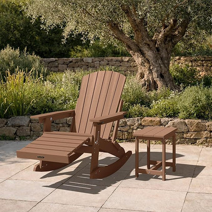 Adirondack Rocking Chair with Retractable Ottoman Set of 4, 4-in-1 Foldable Reclining Patio Chair, HDPE Wood-Look Outdoor Rocker for Porch, Garden & Poolside, Teak