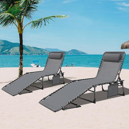 BlueWish 2 Pack Patio Chaise Lounges, Folding Lounge Chair with Adjustable Backrest, Outdoor Chaise Lounge with Removable Pillow & Side Pockets for Poolside, Beach, Garden, Grey
