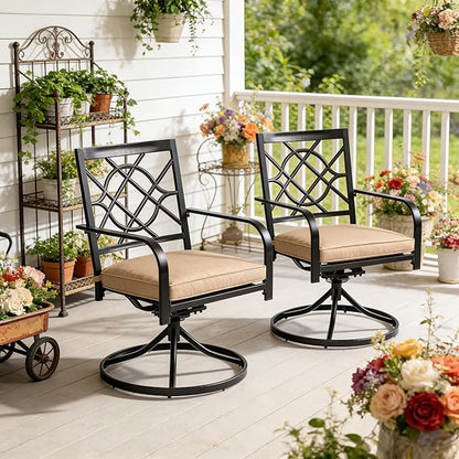 SUNCROWN Outdoor Dining Swivel Chairs Set of 2, Metal Frame Patio Chair Rocker with Brown Cushion for Garden, Bistro, Backyard, Balcony