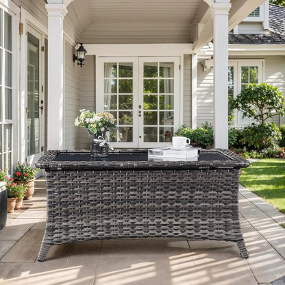 Outdoor Coffee Table - Patio Rattan Wicker Coffee Table with Tempered Glass Top Outdoor Table for Deck Porch Balcony Garden - Grey
